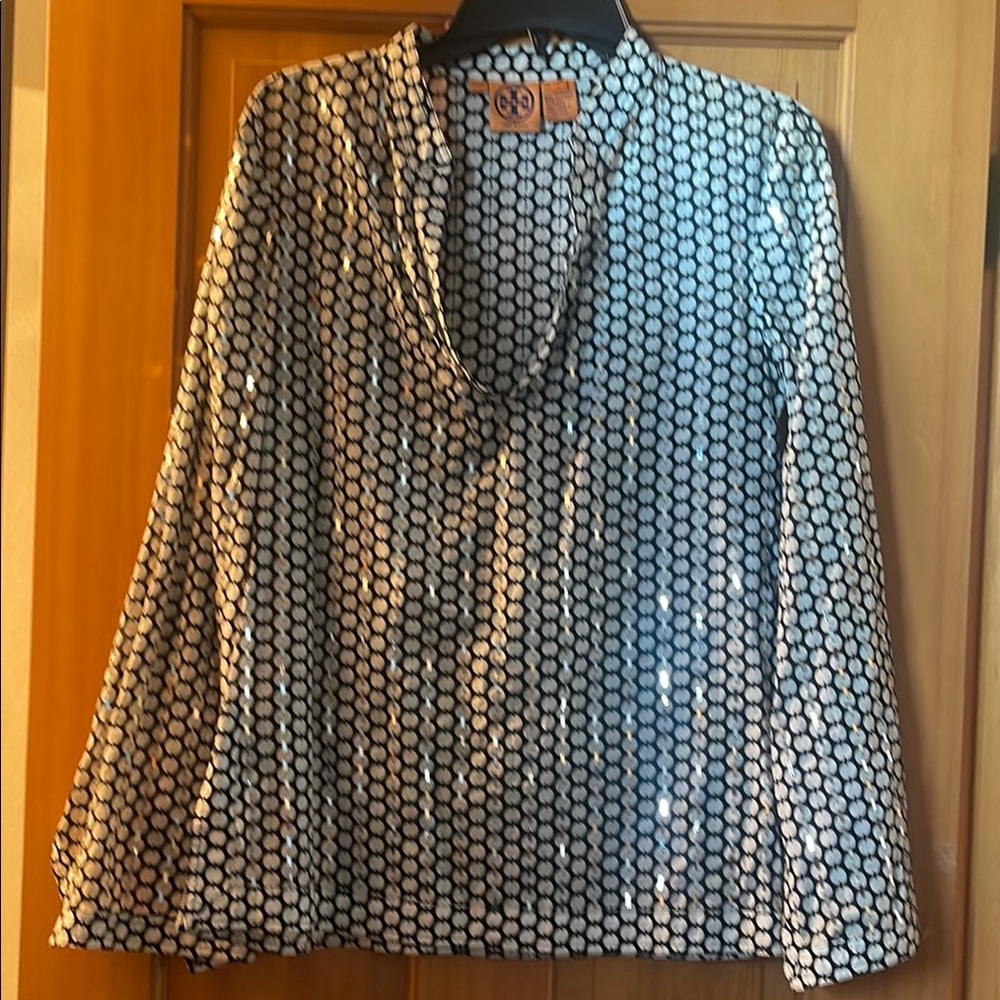 Tory Burch Black and White Buttoned Blouse with Mandarin Collar